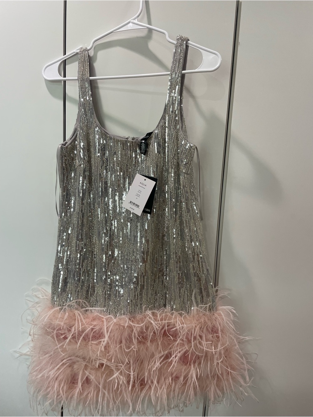 Aqua Silver Sequin Mini Dress with Pink Feather Hem